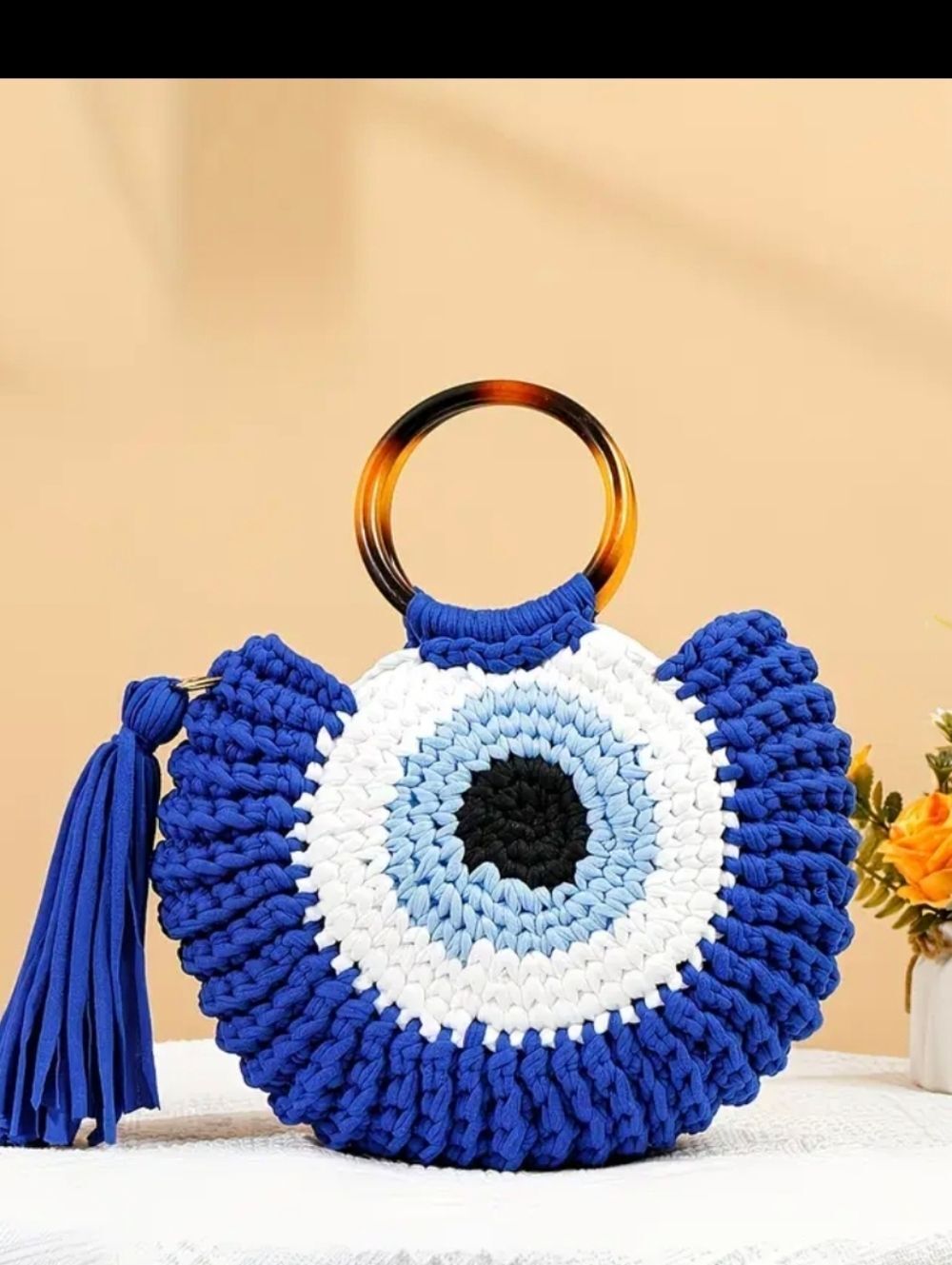 Blue Woven Tassel Evil Eye Shoulder Bag Purse